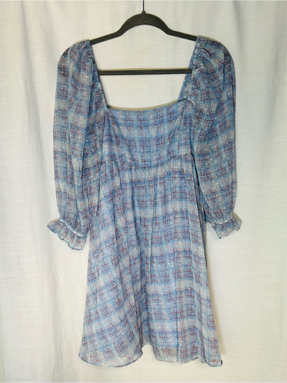 Square Neck Blue Plaid Lightweight Women's‎ Babydoll Empire Waisted Dress